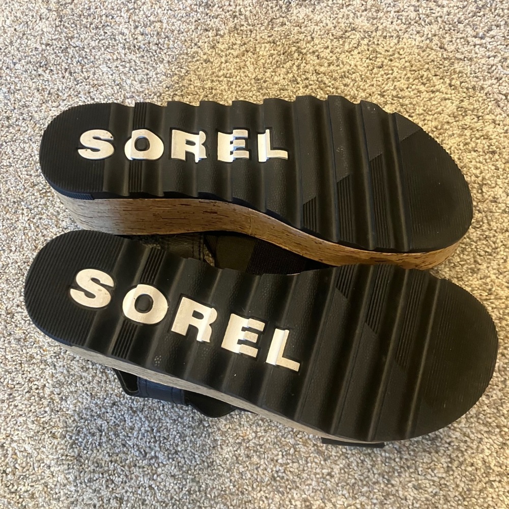 Sorel Cameron Flatform Black Leather Cork Wedge Sandals Womens 6.5 Edgy Boho - Picture 6 of 7
